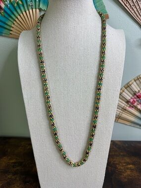 Vintage Green and Blue Beaded Rope Necklace with Barrel Clasp